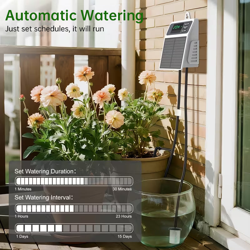 Sistema di irrigazione a goccia solare con timer automatico per piante sospese, balconi e serre.