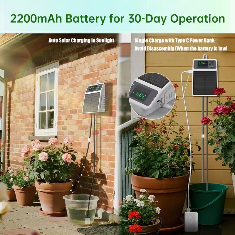 Sistema di irrigazione a goccia solare con timer automatico per piante sospese, balconi e serre.