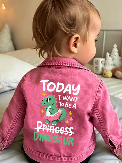 Giacca di jeans casual da bambina 1 pz, con stampa "Oggi voglio essere una principessa dinosauro" e principessa dinosauro cartone animato, giacca casual con risvolto, top di jeans