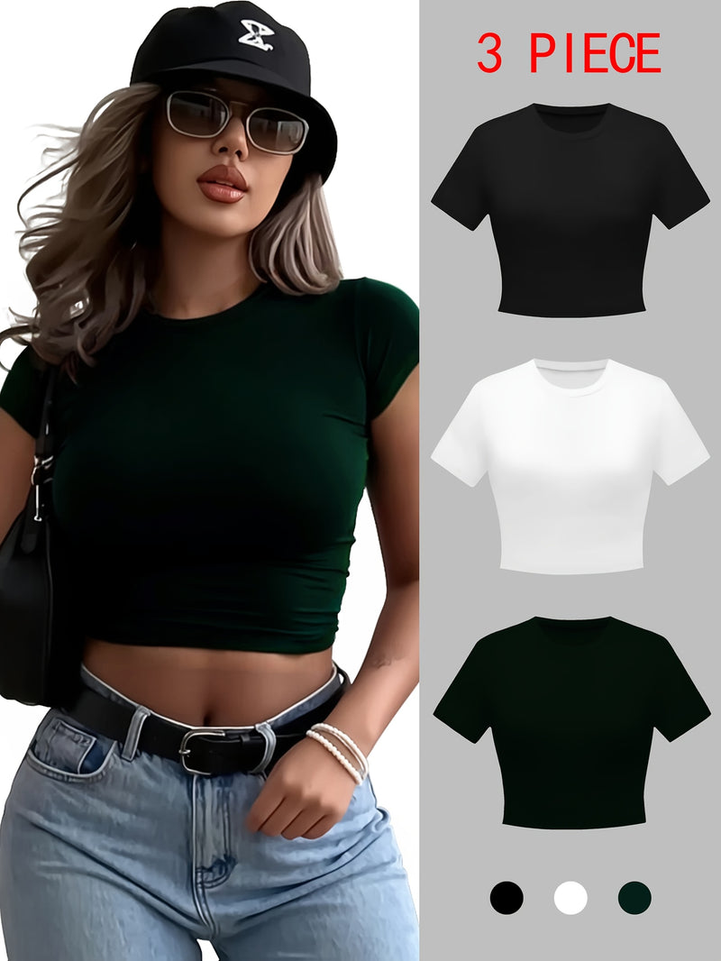 3 Magliette Donna Tinta Unita, T-shirt Casual Collo Tondo Slim Fit Maniche Corte, Tessuto Elastico in Poliestere, Lavabile in Lavatrice, Tessuto Liscio, Scelta Perfetta per Primave