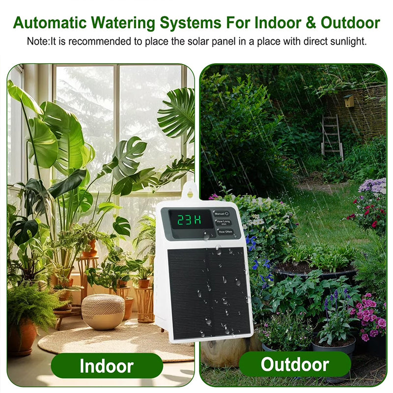 Sistema di irrigazione a goccia solare con timer automatico per piante sospese, balconi e serre.