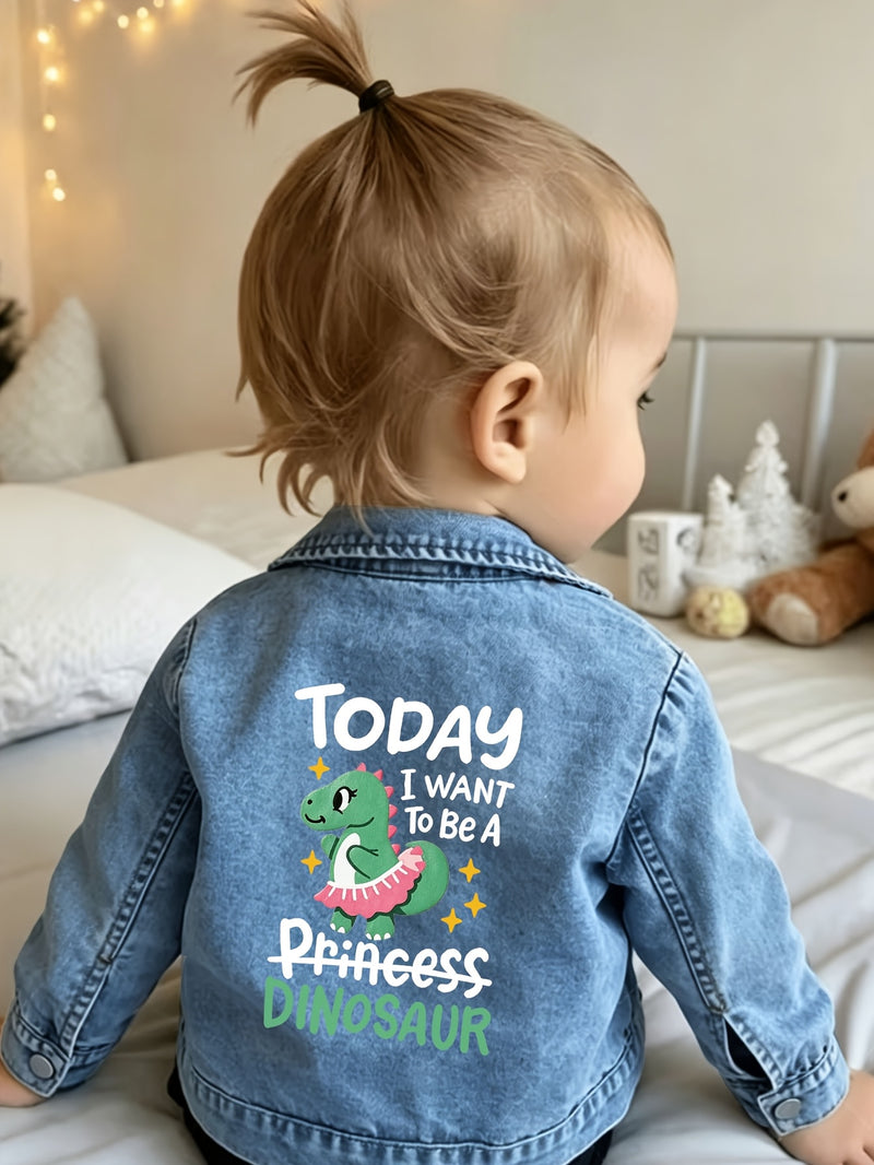 Giacca di jeans casual da bambina 1 pz, con stampa "Oggi voglio essere una principessa dinosauro" e principessa dinosauro cartone animato, giacca casual con risvolto, top di jeans