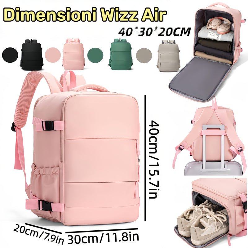 Zaino da donna approvato Wizz Air 40x30x20cm, borsa a mano multifunzionale sotto sedile di grande capacità con scomparto separato per scarpe e scomparto principale con apertura a 1