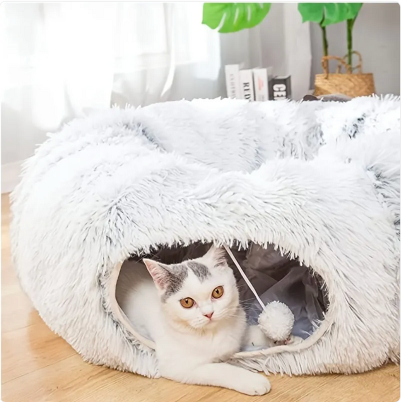 Comodo tunnel e nido in peluche per gatti, cuccia invernale pieghevole per animali domestici.