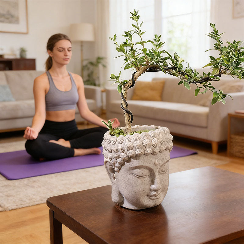 Vaso per fiori a forma di testa di Buddha, piccolo vaso in resina per piante grasse, vaso da giardino per casa, ufficio e scrivania.
