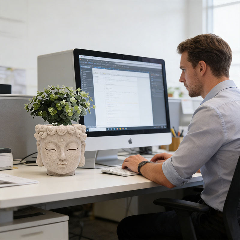 Vaso per fiori a forma di testa di Buddha, piccolo vaso in resina per piante grasse, vaso da giardino per casa, ufficio e scrivania.