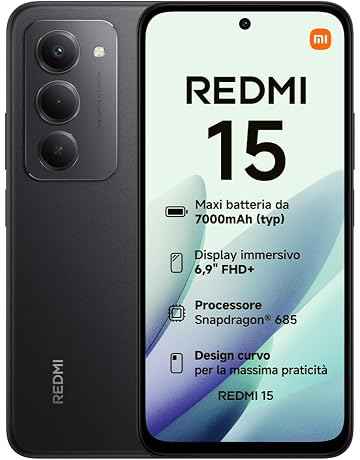 XIAOMI Redmi 15, Smartphone 8+256GB, DotDisplay FHD+ 144Hz da 6,9", Snapdragon 685, doppia fotocamera AI da 50MP, Batteria da 7000mAh, Garanzia di 2 anni, Nero, Caricabatterie non incluso