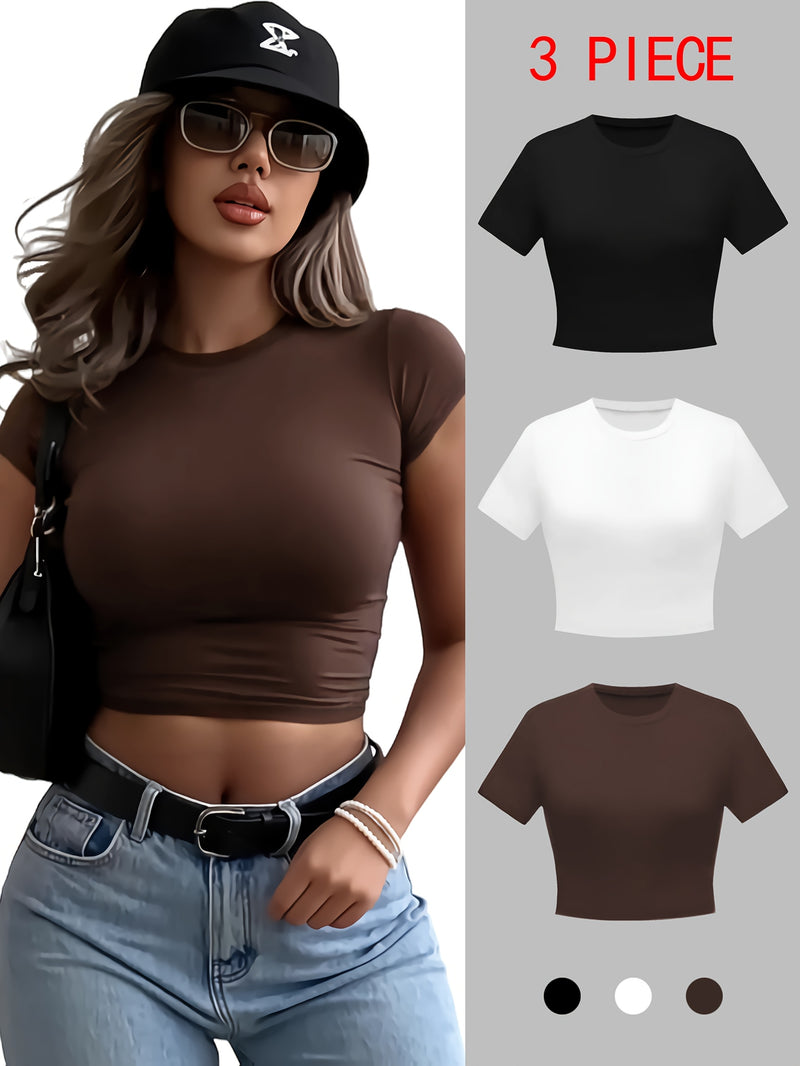 3 Magliette Donna Tinta Unita, T-shirt Casual Collo Tondo Slim Fit Maniche Corte, Tessuto Elastico in Poliestere, Lavabile in Lavatrice, Tessuto Liscio, Scelta Perfetta per Primave