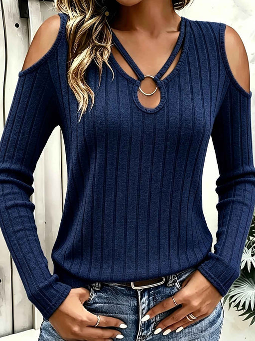 Maglietta a maniche lunghe da donna stile europeo e americano a costine con treccia, top primaverile, strato di base autunno/inverno, top con scollo a taglio con anello di metallo