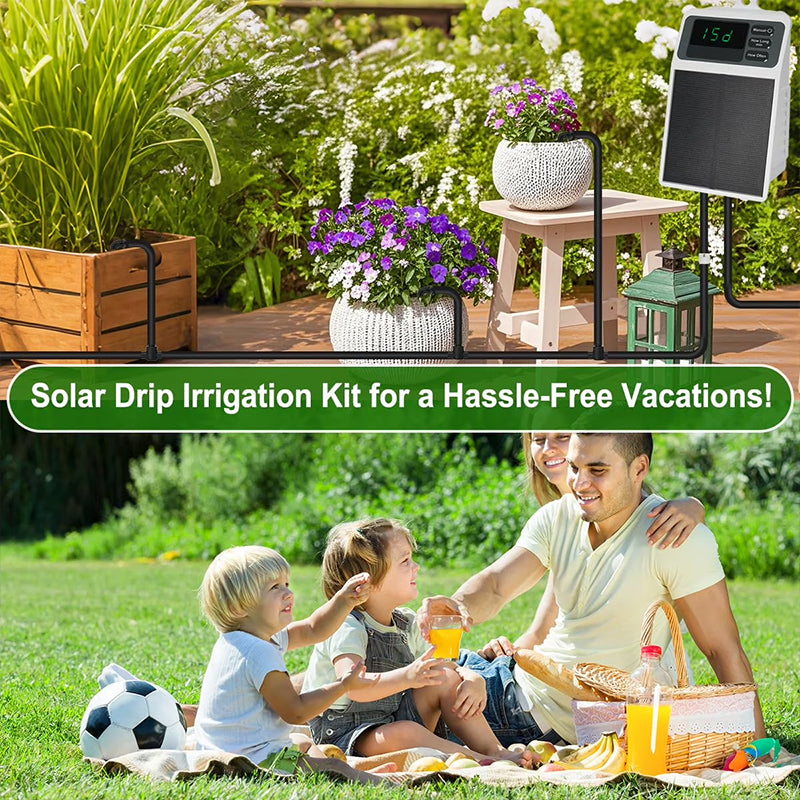 Sistema di irrigazione a goccia solare con timer automatico per piante sospese, balconi e serre.