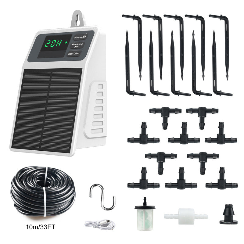 Sistema di irrigazione a goccia solare con timer automatico per piante sospese, balconi e serre.