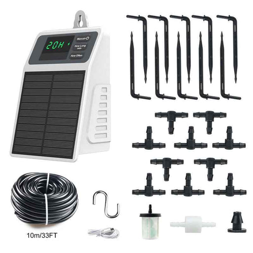 Sistema di irrigazione a goccia solare con timer automatico per piante sospese, balconi e serre.