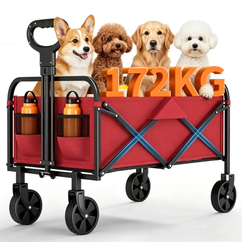 Carrozzina per animali domestici in tessuto Oxford 600D con telaio quadrato in acciaio, ruote da cinque pollici, carrello rosso pieghevole e ripiegabile per passeggiate all'aperto,