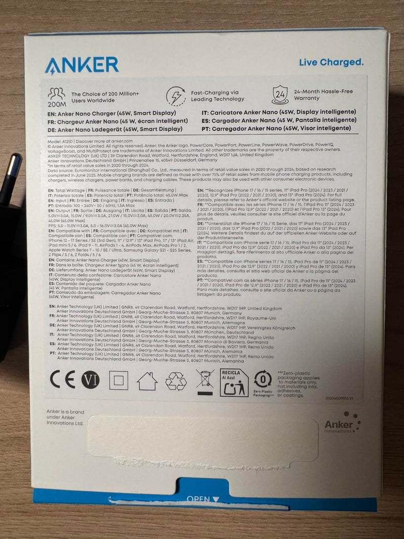 Anker Nano Caricatore iPhone da 45W con Smart Display, caricatore USB C, Ricarica Rapida, riconoscimento Intelligente, modalità Care, Design Compatto, per iPhone 17/16/15, iPad, MacBook e Apple Watch