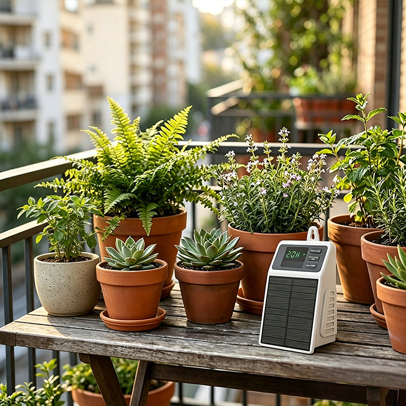 Sistema di irrigazione a goccia solare con timer automatico per piante sospese, balconi e serre.