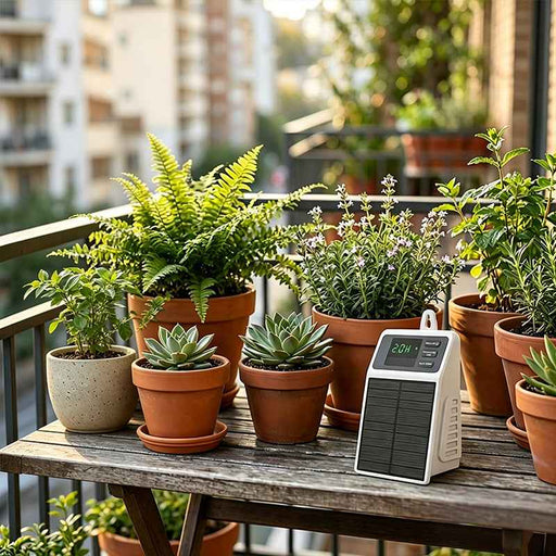 Sistema di irrigazione a goccia solare con timer automatico per piante sospese, balconi e serre.
