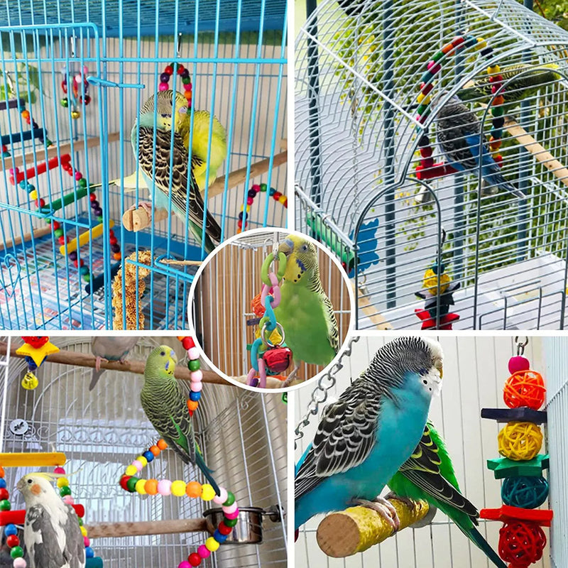 Set di 7 giocattoli per pappagalli e accessori per gabbie per uccelli.