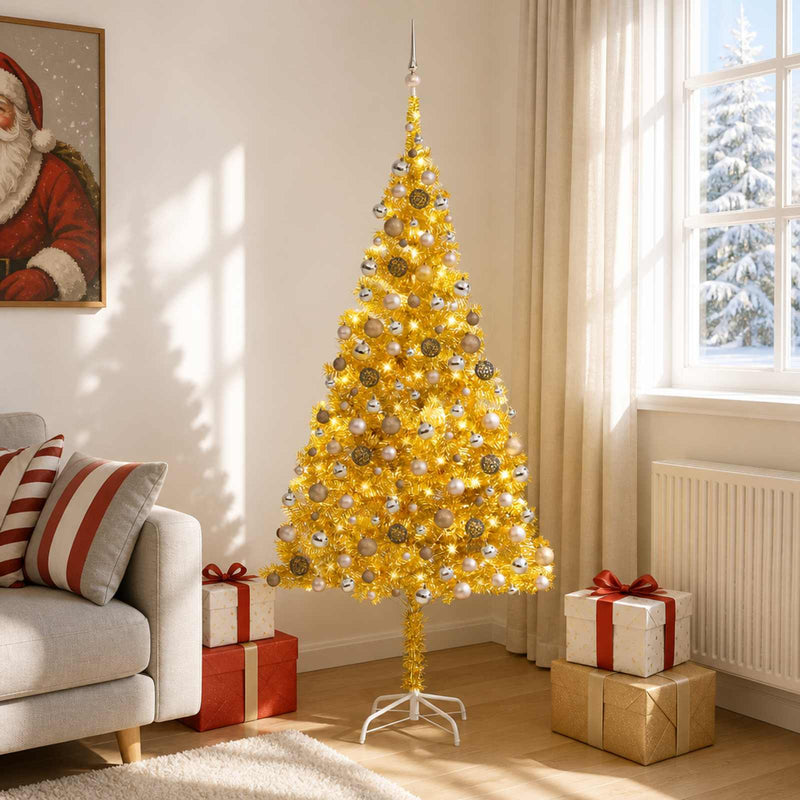 Albero di Natale Preilluminato con Palline Oro 210 cm PET
