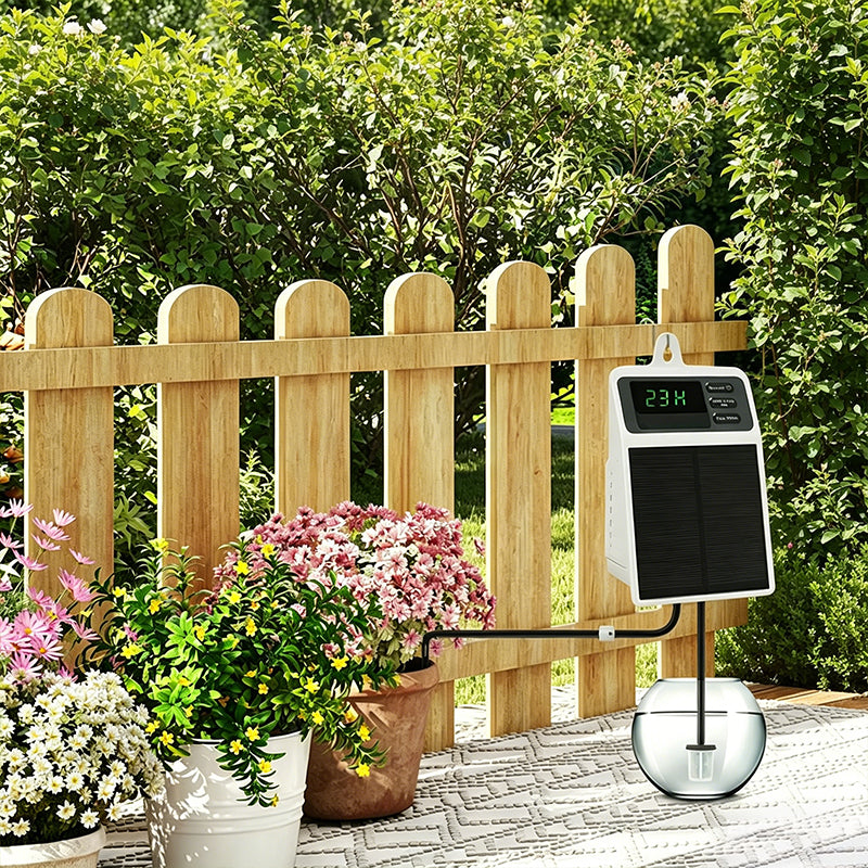 Sistema di irrigazione a goccia solare con timer automatico per piante sospese, balconi e serre.