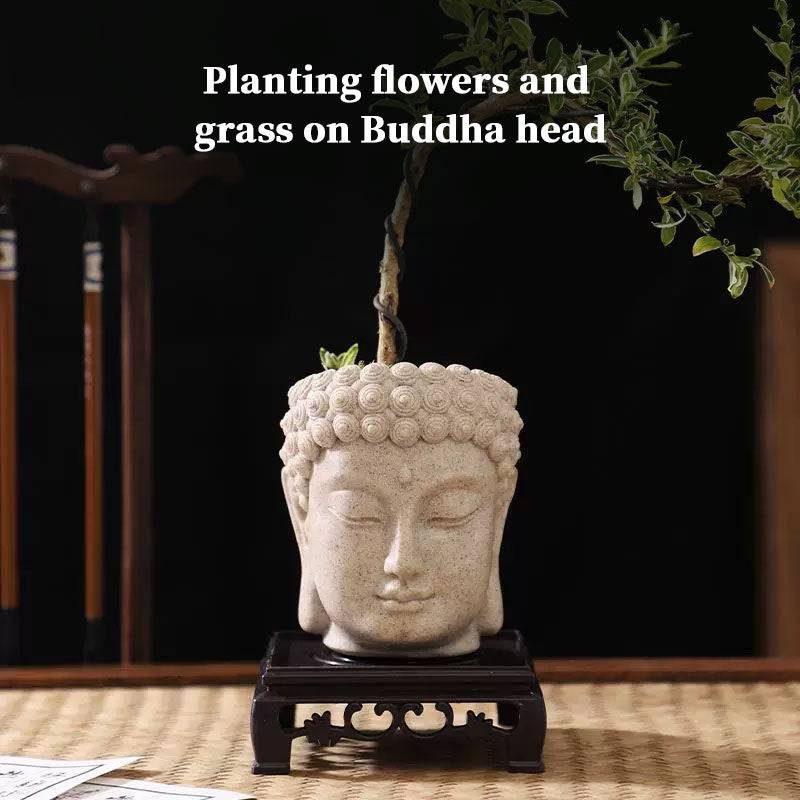 Vaso per fiori a forma di testa di Buddha, piccolo vaso in resina per piante grasse, vaso da giardino per casa, ufficio e scrivania.