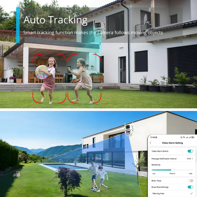 Telecamera Wifi da 9MP 6MP IP PTZ esterna Sicurezza Tre lenti Doppio schermo Ai Rilevazione umanoide Telecamera di sorveglianza con tracciamento automatico iCSee