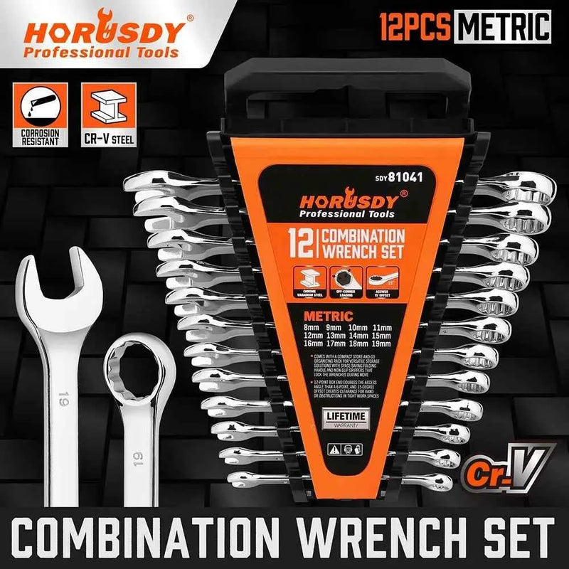 HORUSDY Set di 12 chiavi metriche con anello aperto CRV con cremagliera 8-19 mm