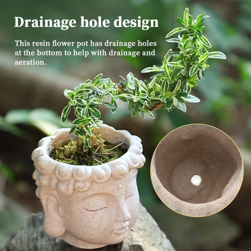 Vaso per fiori a forma di testa di Buddha, piccolo vaso in resina per piante grasse, vaso da giardino per casa, ufficio e scrivania.