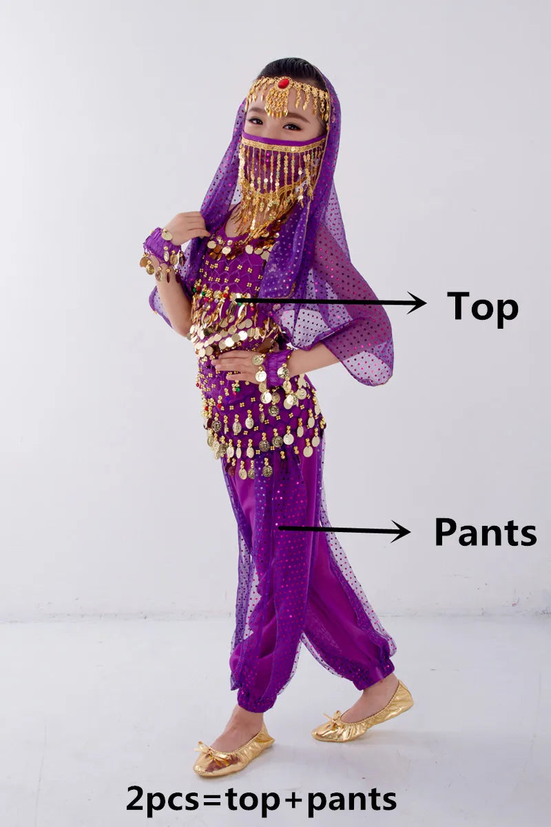 Bambini Danzatrice del ventre Cintura Pantaloni Velo Accessori per ali Maschera Abito - Viola 2 pezzi S (90-110cm) - immagine