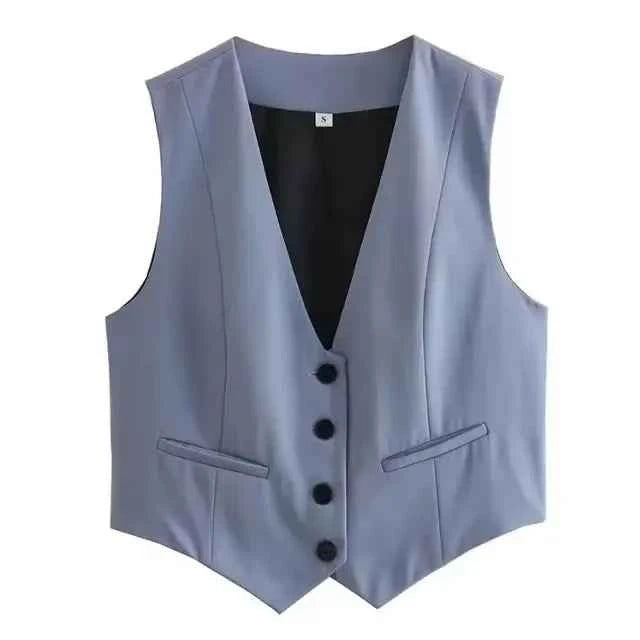 HH Elegant Womens Minimalist Solid Color Suit Vest Fitted Waist V Neck Office Workwear Business Waistcoat Casual Streetwear Tops
