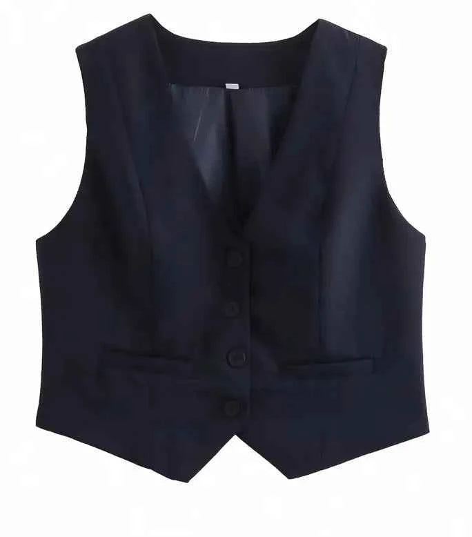 HH Elegant Womens Minimalist Solid Color Suit Vest Fitted Waist V Neck Office Workwear Business Waistcoat Casual Streetwear Tops