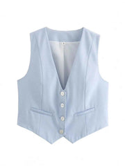 HH Elegant Womens Minimalist Solid Color Suit Vest Fitted Waist V Neck Office Workwear Business Waistcoat Casual Streetwear Tops