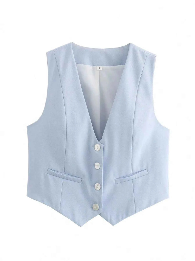 HH Elegant Womens Minimalist Solid Color Suit Vest Fitted Waist V Neck Office Workwear Business Waistcoat Casual Streetwear Tops