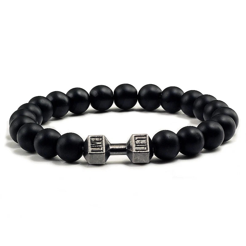 Men's Natural Volcanic Stone Bracelet Matte Black Lave White Beads Dumbbell Strand Bracelets Women's Barbell Fitness Jewelry