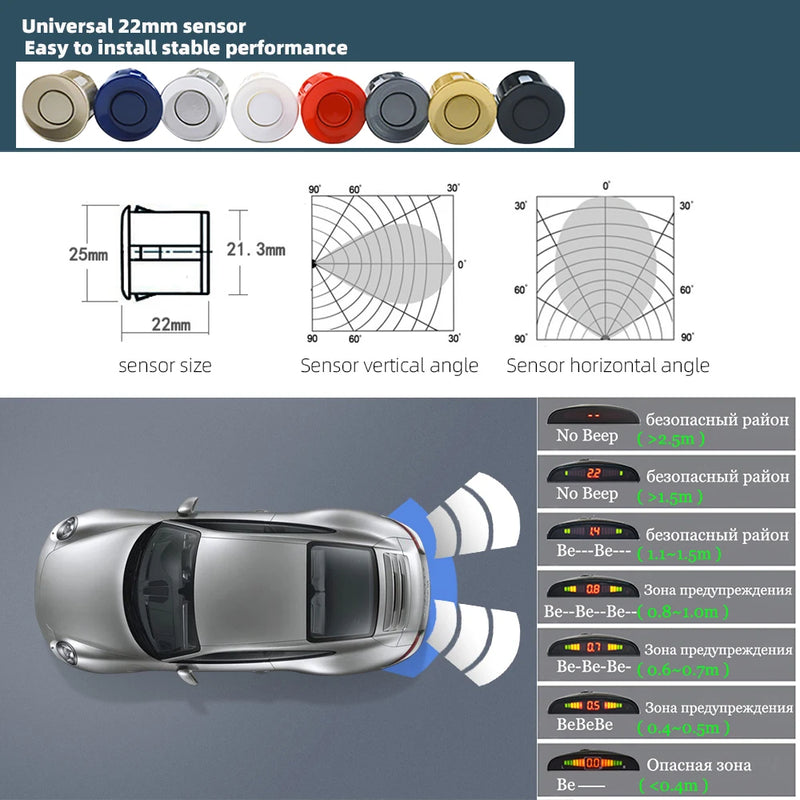 Kit Sensori Parcheggio Auto 4 Sensori 22mm – Radar Retromarcia con Display LED Retroilluminato, Sistema 12V Universale (8 Colori) - Campeda