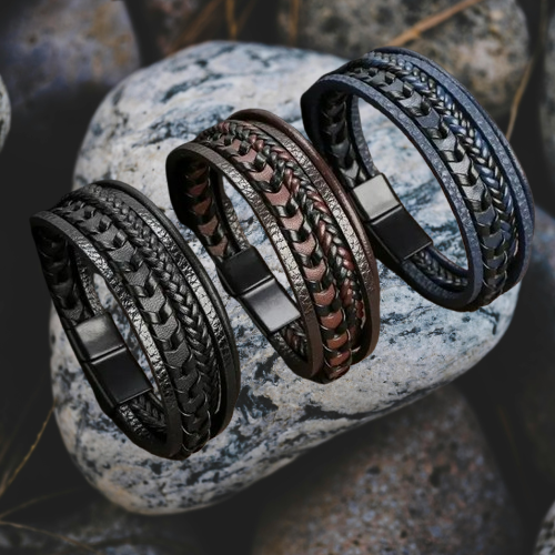 Bracciale Uomo in Pelle Multistrato – Intrecciato con Chiusura Magnetica - Campeda