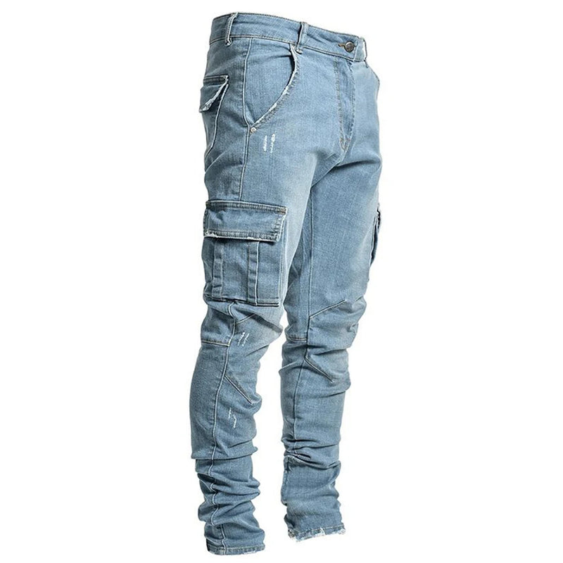 Jeans cargo da uomo Tsingyi in denim elasticizzato – slim fit a vita media, multitasche, casual primavera/autunno - Campeda