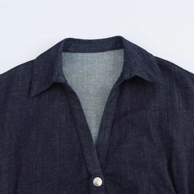 Abito midi denim donna ETJ 2025, vestito elegante con risvolto e cerniera laterale, vita slim antirughe stile primavera - Campeda