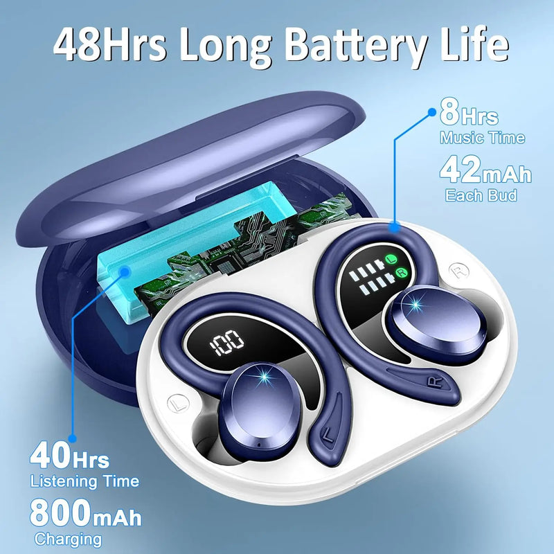 Auricolari wireless, auricolare on-ear Bluetooth 5.3, microfono con cancellazione del rumore, cuffie sportive con 48 ore di riproduzione per allenamento/correre.