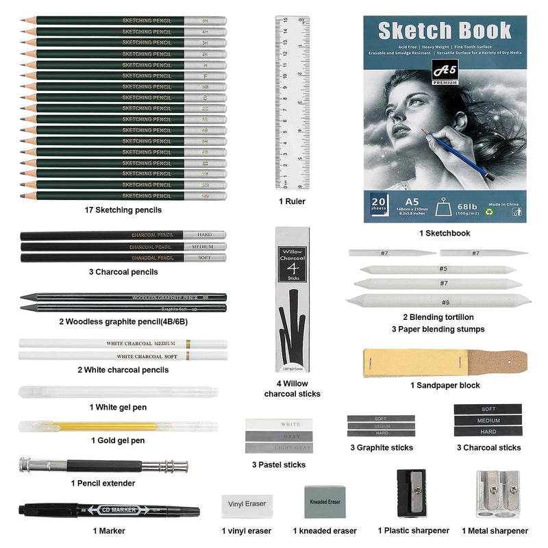 Set Professionale Matite da Disegno e Schizzo Kit artistico completo per disegno, schizzi e colorazione creativa