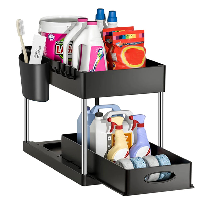 Organizer a 2 ripiani sotto lavello Organizer scorrevole per armadietti Organizer a ripiani con ganci Organizer da appendere per bagno e cucina