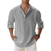 Nuove camicie da uomo in cotone e lino casual spiaggia Henley a maniche - Grey S - immagine 33