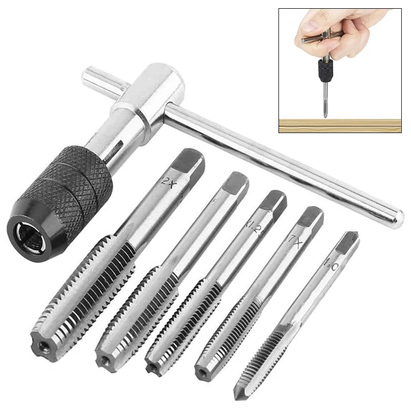 Set di trapani per chiavi di tipo T di alta qualità Strumenti per maschiatura a mano Macchina per filettatura per vite Punta elicoidale M3/M4/M5/M6/M8 Set di rubinetti Strumento fai da te