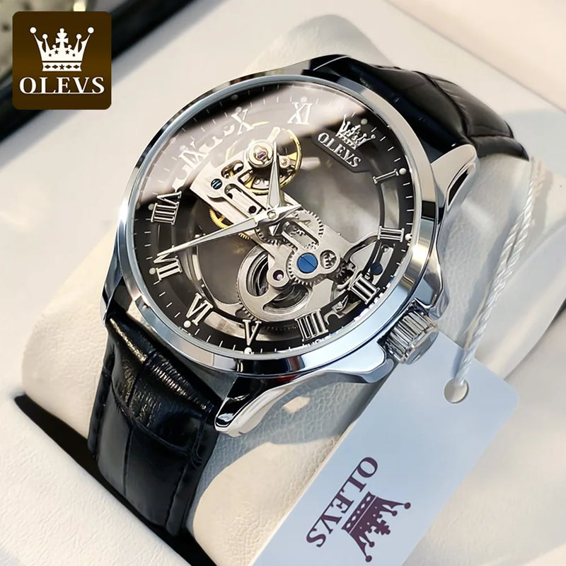 Orologio OLEVS Automatico Uomo – Scheletro Lusso con Cinturino in Pelle e Scatola Regalo