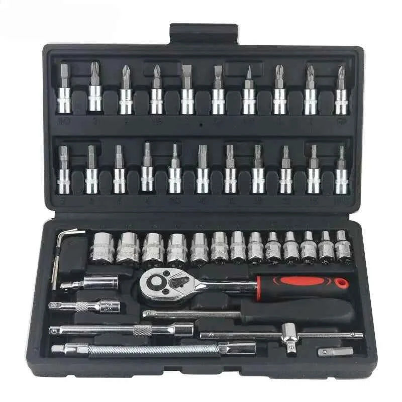 46pcs Chiave dinamometrica a cricchetto Combo Set di riparazione automatica Strumento meccanico Kit di strumenti di riparazione auto Set di prese da 1/4 pollici Strumento di ripara