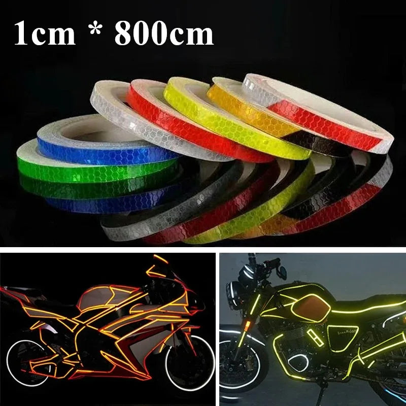Nastro Riflettente Cerchi Moto 8m – Adesivi Ruote 5 Colori, Strisce Sicurezza per Moto, Auto e Bicicletta (1 cm)