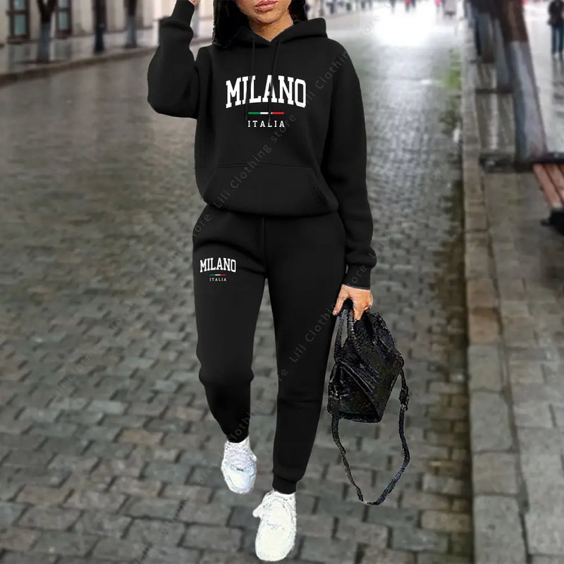 Tuta donna MILANO – set felpa con cappuccio e pantaloni jogging streetwear primavera, autunno inverno - Campeda