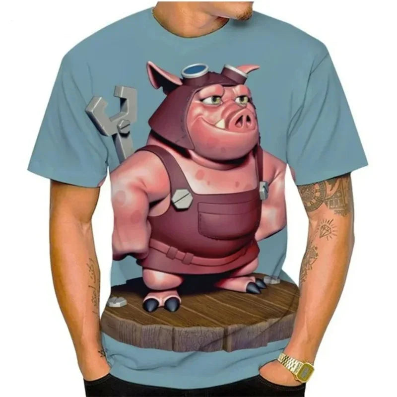 T-shirt con stampa 3D di maiale grasso da uomo T-shirt con grafica animale divertente Interesse estivo Moda Manica corta Top Street Kids T-shirt larghe