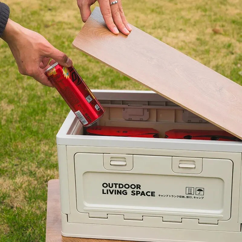 Scatola Portaoggetti Pieghevole da Campeggio – Organizer Outdoor con Coperchio in Legno - Campeda