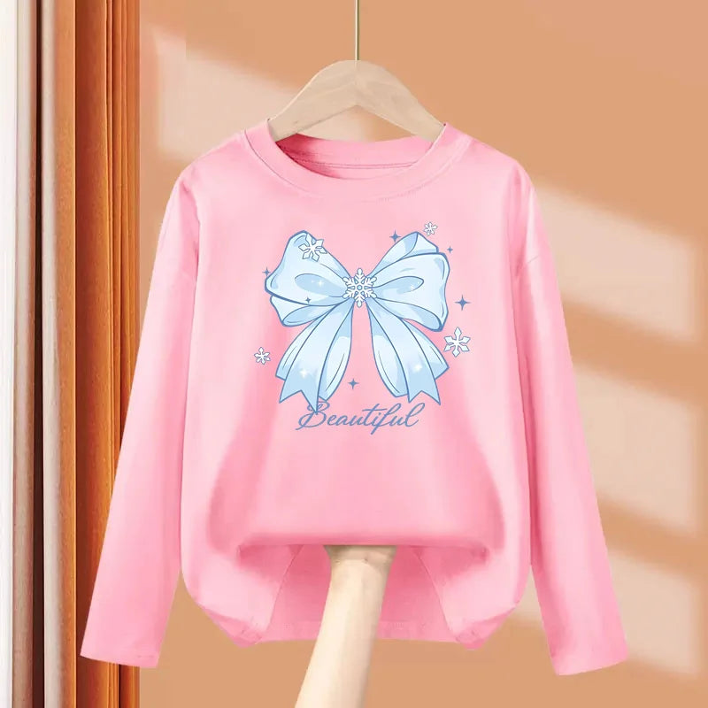 T-shirt con fiocco primaverile e autunnale per neonate Top in cotone a maniche - immagine 2