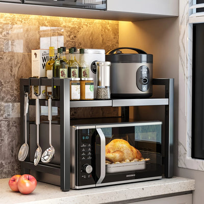 Ripiano Espandibile per Microonde con 6 Ganci Scaffale salvaspazio regolabile per cucina e organizzazione utensili
